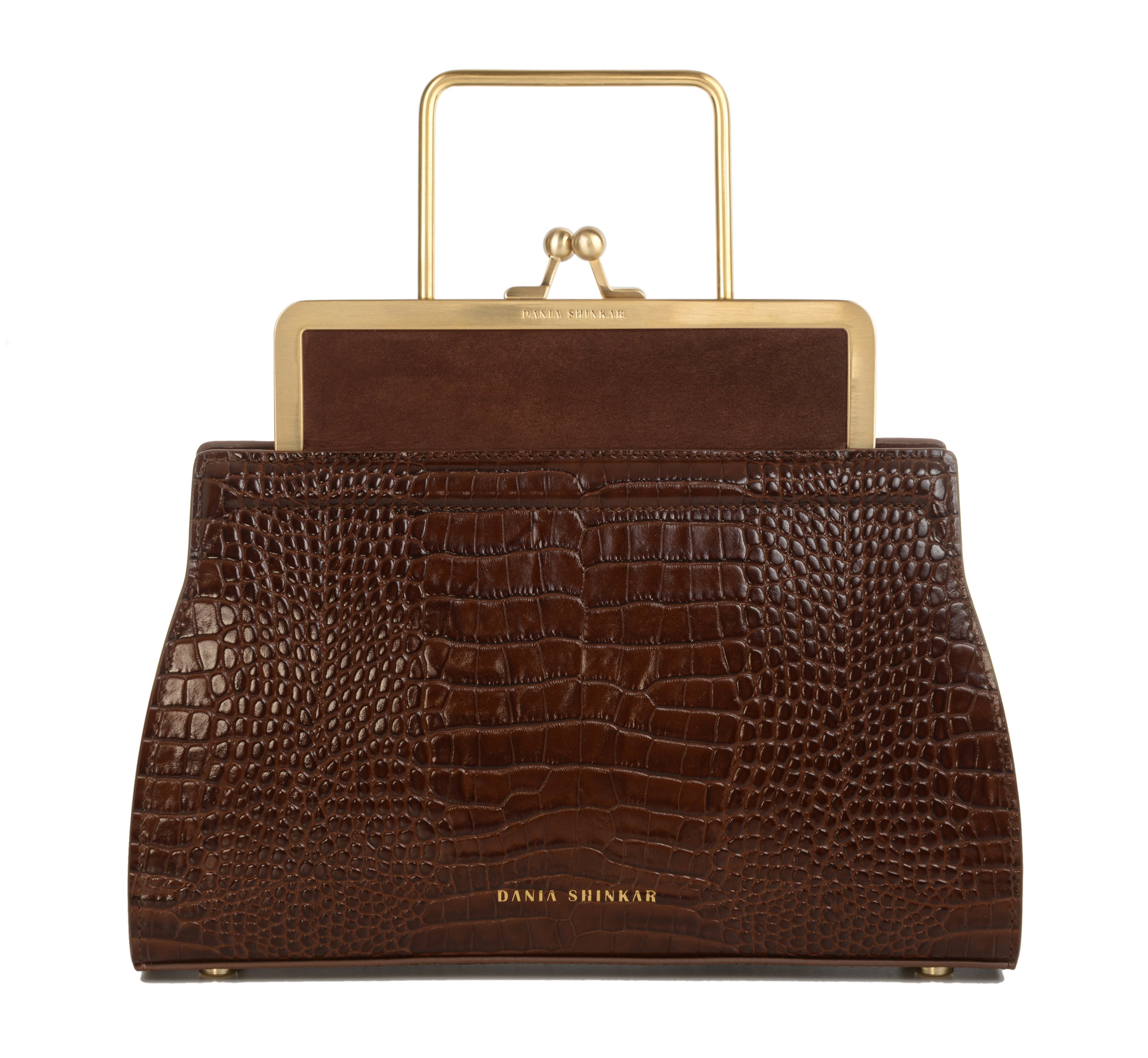 Italian Lock & Key Genuine Croc Embossed Leather Suede Handbag