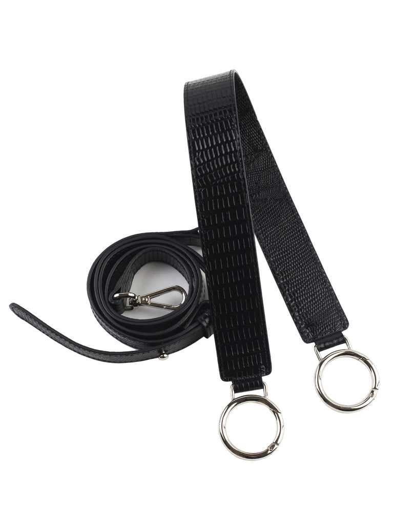 Detachable, adjustable long and short straps of black lizard embossed calfskin leather shoulder box bag.