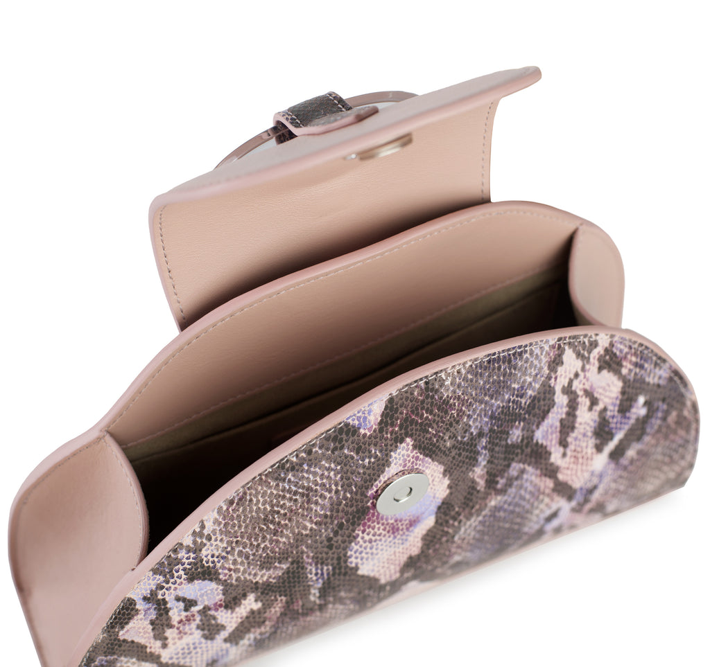 Blush pink calfskin and python printed lambskin leather half moon handbag with cellulose acetate top handle, interior.