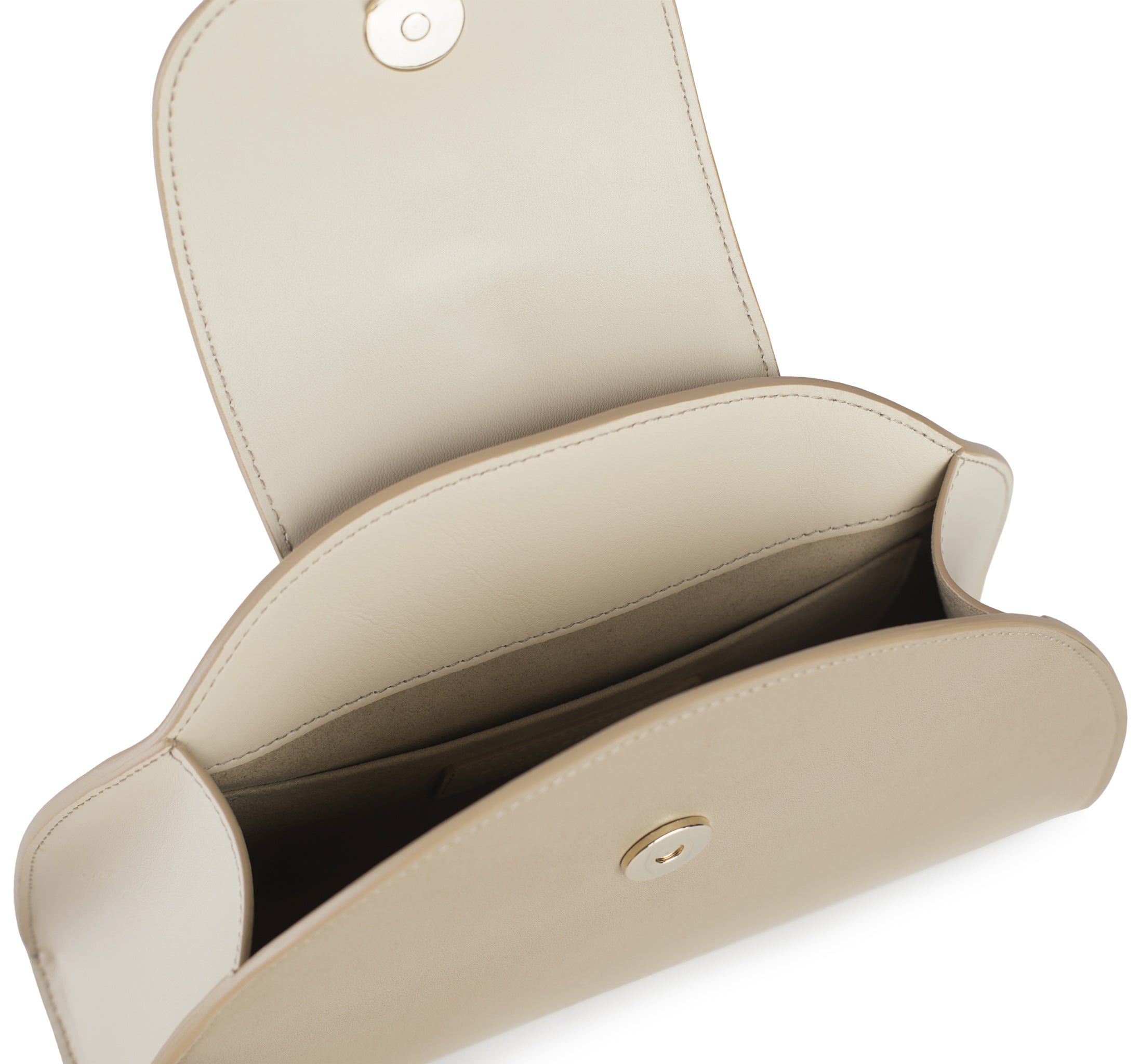 Light beige and taupe nappa calfskin leather, half moon handbag with cellulose acetate top handle, interior.